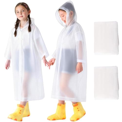 WOHSEROM 2 Pack Rain Ponchos for Kids Reusable,Thickened EVA Travel Raincoat Jacket with Hoods and Sleeves,Lightweight White Capes Ponchos for Boys and Girls Spring Outing Outdoor Travel