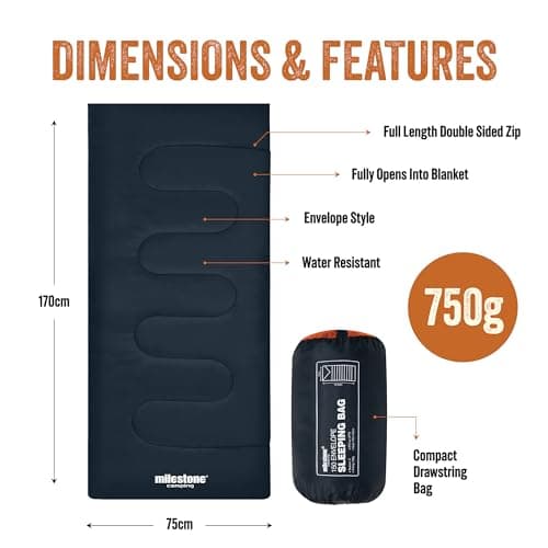Milestone Camping Rectangular Sleeping Bag/Insulated 2 Season for Camping, Hiking, Festivals, Outdoors/Includes Carry Sack / 170cm x 75cm — view 2