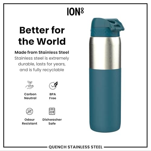 ION8 Lightweight 1 Litre Steel Water Bottle, Non-Insulated, Leak Proof, Easy to Open, Secure Lock, Dishwasher Safe, Flip Cover, Carry Handle,Ideal for Travel & Active Lifestyles, Half Cut Deep Teal — view 5