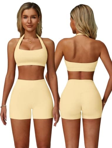 ABOCIW Workout Sets for Women Square Neck Halter Sports Bra High Waist Biker Shorts 2 Piece Gym Yoga Outfits, Butter Yellow, Small