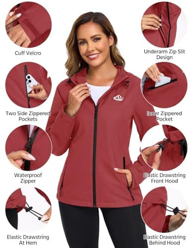 CMTOP Rain Coats for Women Waterproof Jacket Windproof Raincoat Lightweight Breathable Rain Jacket Packable Hooded Raincoats Functional Jacket with Zip Pockets for Spring Summer Autumn(Burgundy,XXL — view 2