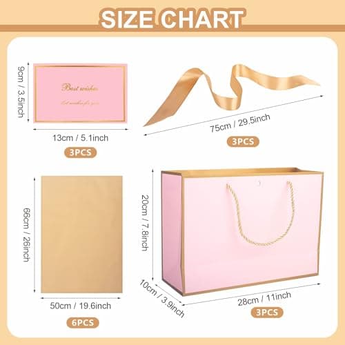 Pink Gold Gift Bags with Handles, 3pcs Medium Paper Present Bags with Bow Ribbon Tissue Papers and Greeting Cards, 28 * 20 * 10cm Gift Bag for Christmas Birthday Wedding Valentines Bridesmaid — view 2