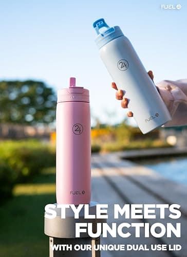 Fuel24 Duo - Stainless Steel Water Bottle 700ml or 1L - Vacuum Insulated Metal Flask with Straw (Dual use Lid) 1 Litre - for Sports, Gym, Work – Slim Design (Blush, 700 ml) — view 6