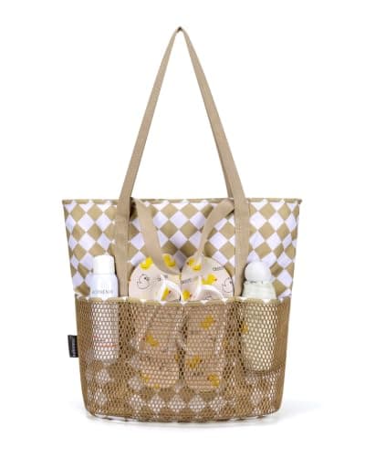Beach Bag with Zip and Pockets Small Beach Tote Bags for Women, Checkered