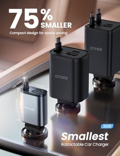 Lamicall 3 in 1 Retractable Car Charger Adapter -【2026 Ultra Compact】57W Cigarette Lighter USB Charger, Car Phone Charge with Retractable Type-C Cable/USB C/USB A, 12V/24V Socket for i-Phone, Android — view 3