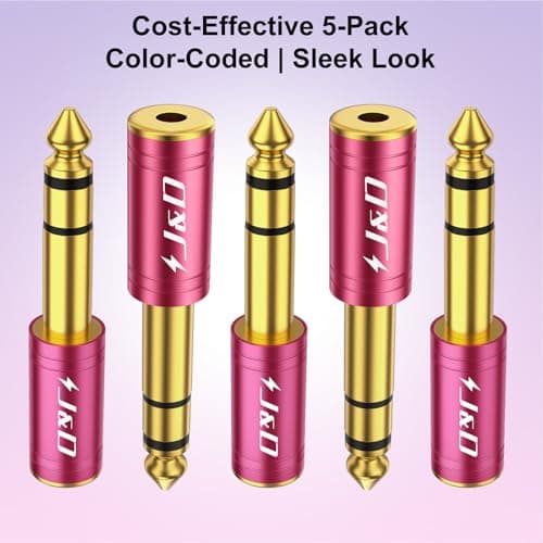 J&D 5-Pack 1/4 to 1/8 Headphone Adapter, 6.35 mm to 3.5 mm Stereo TRS Male to Female, Gold-Plated 3.5mm Plug Jack Connector for Guitar, Amp, Keyboard, Bass, Red — view 6