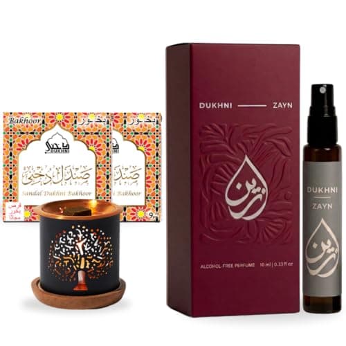 Sandal Bakhoor Burner Set & Zayn Perfume Spray by Dukhni | 2x9pc Sandalwood Bakhoor with Smokeless Burner & 10ml Travel Perfume | Home & Personal Fragrance Gift Set for Ramadan & Eid