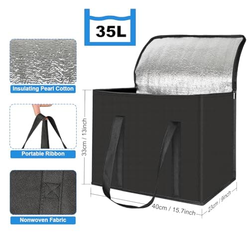 Esilihom 2 Pack Cooler Bag with Base, 35L Large Insulated Thermal Bag for Hot & Cold Food, Reusable Grocery Tote with Zipper, Pizza Delivery/Picnic/Camping/Men/Women — view 2