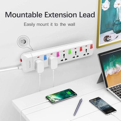 Mscien 5 Way Travel Extension Lead, 5 Independent Switches, UK Plug Universal Power Strip Overload Protection Mountable with 1.8 Meter Extension Cord — view 5