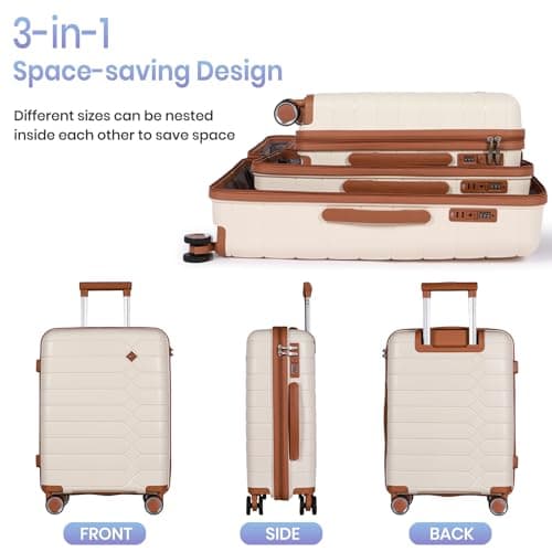 H.yeed 3 Piece Suitcase Set PP Hard Shell Luggage Set Lightweight Carry on Travel Hand Luggage with Spinner Wheels & TSA Lock 20" 24" 28" (Beige, 3 pcs Set) — view 4
