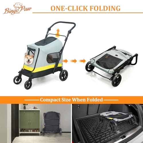 BingoPaw Foldable Medium Dog Stroller: Portable Pet Buggy Pushchair with 4 Heavy Wheels for Travel, Outdoor Walking, One-Click Folding Handle Puppy Pram with Breathable Mesh for Medium Dogs — view 3