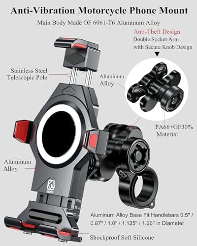 BRCOVAN Aluminum Alloy Motorcycle Phone Mount with Vibration Dampener & High-Speed Secure Lock, Anti-Theft Handlebar Smartphone Holder for Bike, Scooter, ATV, 4.7-7.2'' — view 2