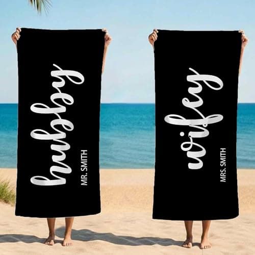 Print Maniacs Custom Hubby Wifey Towel Personalised Couple Name Beach Towel Microfibre Large Quick Dry Lightweight Travel Towel Honeymoon Holiday Pool Spa Gift