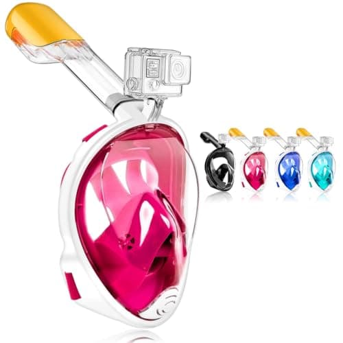 Snorkel Mask, Full Face 180°view Snorkeling Gear with Panoramic Design-Compatible Sports Camera, Diving Mask with Anti-fog and Anti-leak Technology for Adults and Kids (Pink, S/M)
