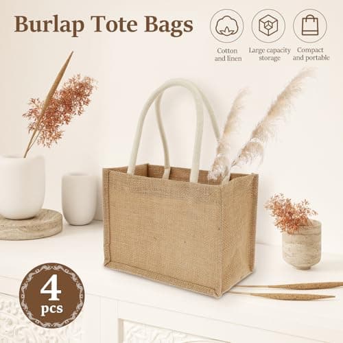 4Pack Burlap Tote Bags, 23×11x16cm Jute Gifts Tote with Handles, Small Beach Bags, Grocery Shopping Bag for Thanksgiving, Christmas, Bridesmaid, DIY, Shopping, Pool, Wedding(4Pack) — view 3