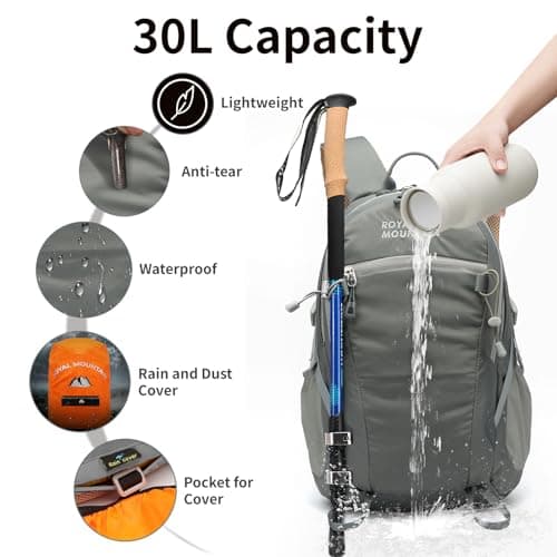 Lightweight Hiking Backpack, 30L Women/Men Waterproof Travel Rucksack Bag with Rain Cover, Outdoor Small Foldable Daypack for Student, Fit for 15.6 inch Laptop (Grey, 30L) — view 3