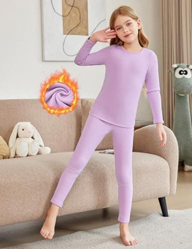 Arshiner Girls Thermal Underwear Set Children's Purple Fleece Thin Base Layers Winter Warm Long Sleeve Shirts and leggings 7-8 Years — view 2