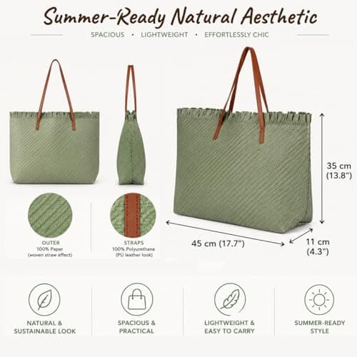 Woodland Leathers Womens Beach Bag, Large Paper Straw Beach Bag, Woven Summer Tote Shoulder Shopper Handbag with PU Leather Straps Lightweight Open Top Holiday Bag (Green, Large) — view 3