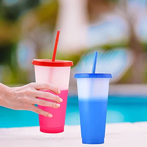 CUJIM Reusable Color Changing Cup - 5 Pack 24oz Travel Iced Coffee Mug Tumbler with Straw Lid,Plastic Smoothie Milkshake Bottle Magic Cold Drink Party Water Cups & Go Cup for Kids Adults — view 4