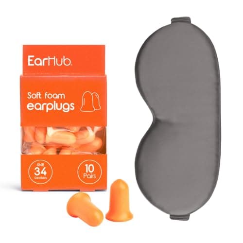 EarHub Soft Foam Earplugs 10 Pairs SNR 34dB with Satin Sleep Mask - Travel, Sleep, Protective