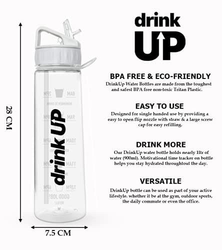DrinkUp Motivational Water Bottle with Time Markings & Straw 900ml | Leak-Proof BPA-Free Hydration Tracker | Ideal for Gym, School, Office, Hiking & Cycling | Women & Men — view 4