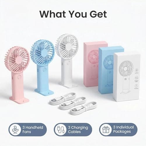 3 Pack Mini Handheld Fan USB Rechargeable Portable Fans with 3 Speeds Detachable Cover Lightweight Pocket-Size Cooling Desk Fan for Travel Makeup Summer for Kids Family School Office Outdoor Camping — view 6