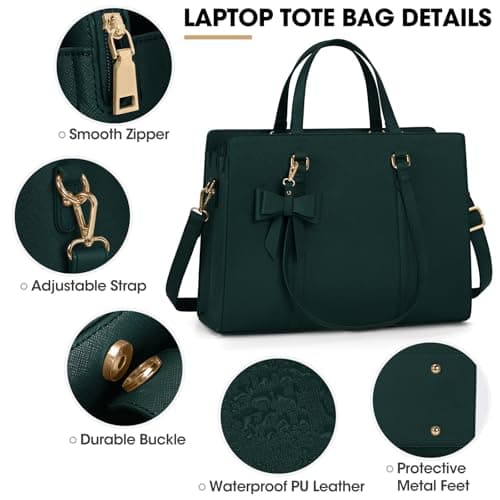 NEWHEY Laptop Tote Bags for Women 15.6 Inch Ladies Leather Laptop Handbags Designer Office Shoulder Bag Womens for Work School Business Shopping Green — view 4