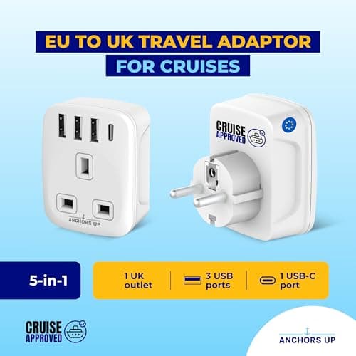 Cruise Approved 5-in-1 Travel Adapter – Non Surge for Cruises – 3 USB + 1 USB-C – Works on P&O, Marella, MSC, Royal, Celebrity, Carnival, Princess, NCL, Disney, Fred Olsen – (EU) — view 2