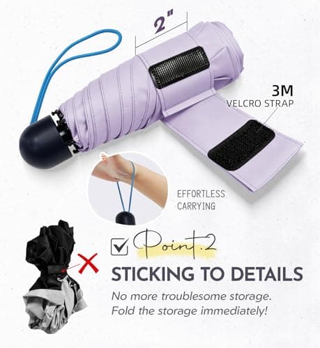LILAC Compact Travel Umbrella for Purse, Mini Folding Pocket Parasol with Windproof Absorbent Sleeve, UPF 100+ UV Sun Protection, 30% Thickened Alloy Steel Shaft, Double Fiberglass Reinforced — view 3