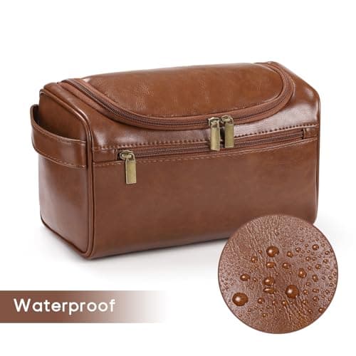 Leather Toiletry Bag, Etercycle Hanging Wash Bag PU Travel Toiletry Bag Waterproof Bathroom Bag for Men and Women Travel Makeup Organizer (Brown) — view 5