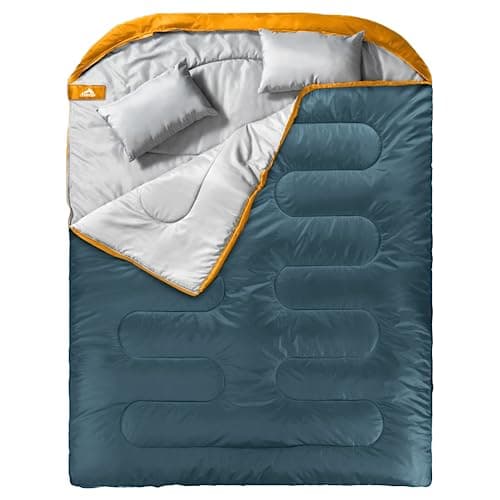 Double Sleeping Bag for Adults Mens with Pillow, XL Queen Size Two Person Sleeping Bag for All Season Camping Hiking Backpacking 2 Person Sleeping Bags for Cold Weather & Warm (Navy Blue & Turmeric)