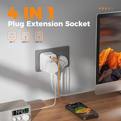 TESSAN USB C Plug Adapter UK, Plug Extension Socket with 3 USB Ports — view 2