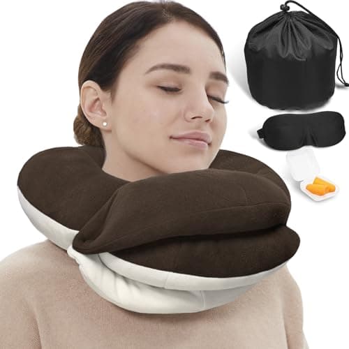 BUYUE Travel Neck Pillows for Airplanes, 360° Head Support Sleep for Long Flight, Skin-Friendly & Breathable, Kit with 3D Contoured Eye Mask, Earplugs and Storage Bag (Large, Brown, 90+ lbs)