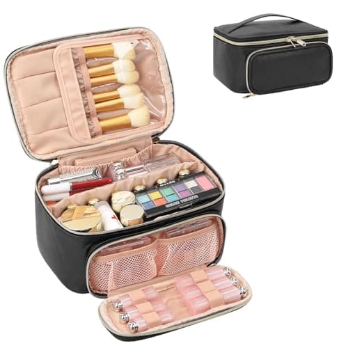 Large Makeup Bag Travel Cosmetic Bag with Makeup Brushes Compartment Black