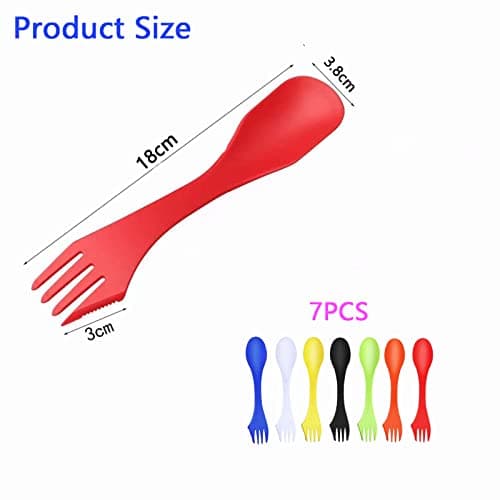 JEOPKO 7 Pack Plastic Spork, Portable and Reusable Camping Spork Lightweight and Strong Spork Plastic, Spoon Fork Knife Set Portable for Backpacking Hiking Outdoors(7color), Blue,green,orange,white — view 2