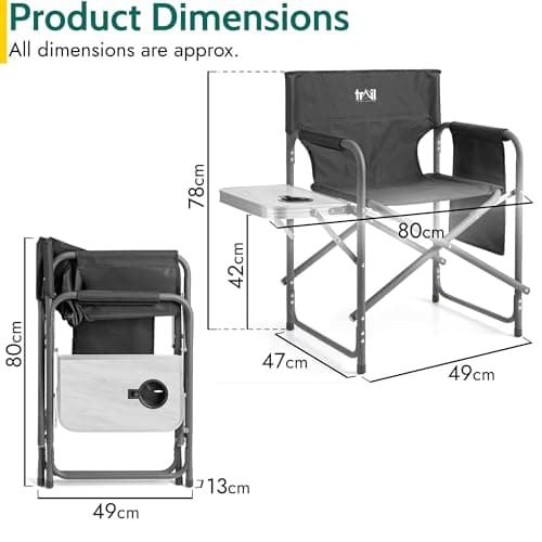 Trail Folding Directors Chair With Side Table, Cup Holder, Storage Pocket, Outdoor Camping Garden Seat, Storage Pocket, Padded Armrests, Heavy Duty Steel Frame,120kg Capacity (Black) — view 3