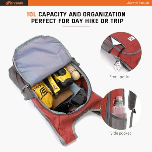 SKYSPER Small Daypack 10L Hiking Backpack Packable Lightweight Travel Compact Foldable Rucksack for Women Men(Red) — view 3