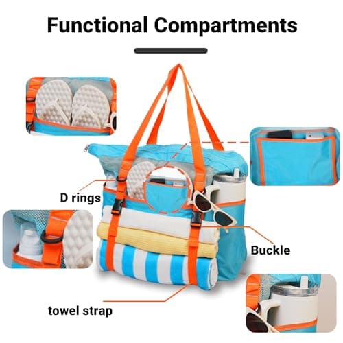 kokkoya Blue 40L Large Mesh Beach Bag with Zip for Family Pool & Travel — view 4