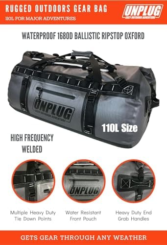 UNPLUG Ultimate Adventure Bag - 1680D Heavy Duty Waterproof Duffel for Travel, Camping, Motorcycle, Hunting, Bug Out (110L Storm Grey) — view 2