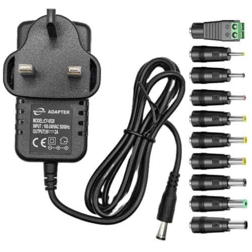 Multibao 5V 2A AC‑DC Power Supply Adapter, 2000mA Wall Charger with 10 Pack Universal DC Connector Tips for LED Strip Lights, Security CCTV Cameras