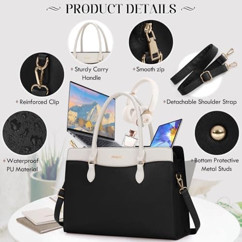 RAINSMORE Laptop Bags for Women 15.6 Inch Ladies Work Bag PU Leather Designer Laptop Handbag Large Laptop Tote Bag for School Computer Business Travel Black and White — view 5