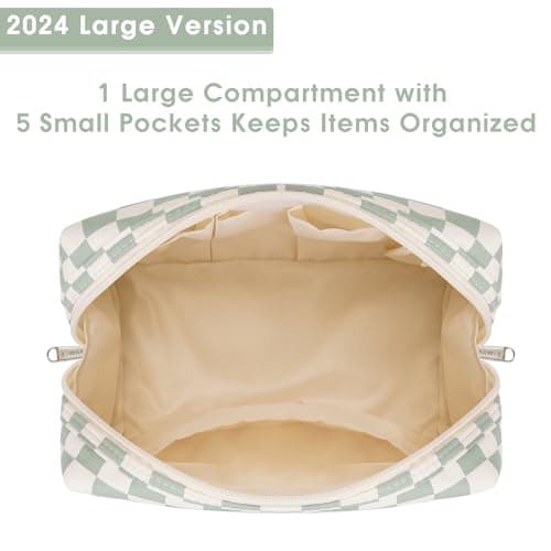 Large Makeup Bag Zipper Pouch Travel Cosmetic Organizer for Women (Mint Green Checkerboard, Large) — view 4