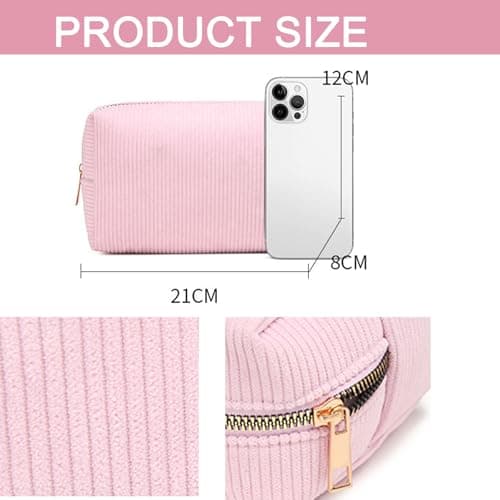 YONEEKSS Corduroy Makeup Bag Small Cosmetic Pouch for Handbag (Pink) — view 2