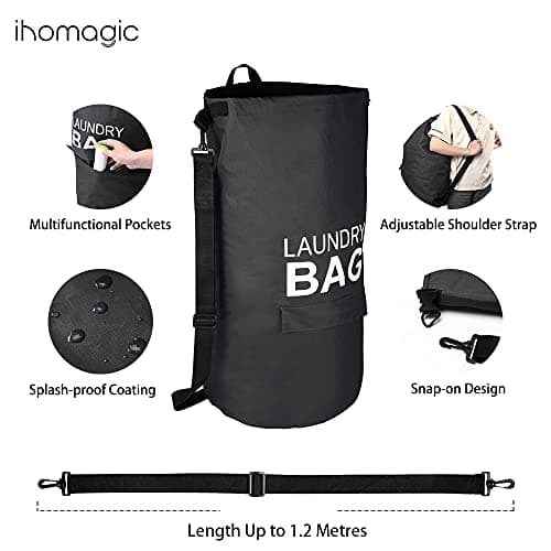 IHOMAGIC Collapsible Fabric Laundry Hamper, Portable Laundry Bag Backpack with Adjustable Shoulder Straps and Pocket, Hanging Dirty Clothes Bag for College, Travel, Laundromat, Apartment 71L (Black) — view 3