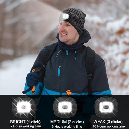 COTOP LED Beanie with Light,USB Rechargeable Hat Hands Free 4 LED Headlamp Cap Winter Knitted Night Lighted Hat Flashlight Women Men Gifts for Dad Him Husband Black — view 4