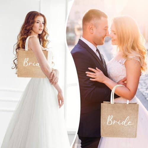 SwirlColor Bride Bag, Minimalist and Reliable Jute Tote Bag Hen Party Bags Bride Gift Bag for Wedding Day Bridal Shower, Suitable for Grocery Picnic Beach Holiday (Brown Bride) — view 5