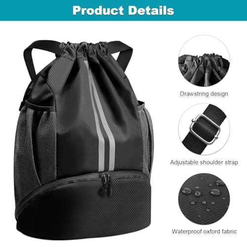 Wihozte Drawstring Sports Backpack, Sports Soccer Basketball Volleyball Bag Dry-Wet Separation Shoe Compartment for Swimming Gym, Sports Training Bags for Women Men Multi-Use for spors Travel — view 2