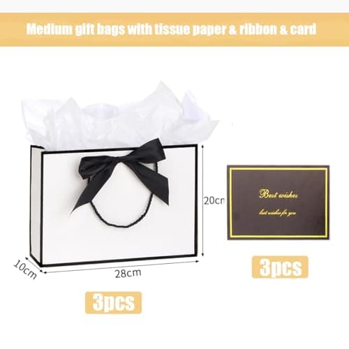 Medium Gift Bags wit Tissue Paper and Gift Cards for Present,3Pcs Paper Bags with Handles for Girls Womens Men Birthday Party Christmas Wedding Thank You,Any Occation (White&Black) — view 2
