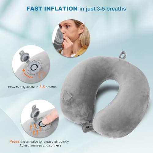 Cirorld Inflatable Travel Pillow, Blow up Neck Pillow for Travel, Lightweight Inflatable Travel Pillow for Airplane with Eye Mask and Earplugs—Travel Essentials for Flying, Grey — view 2