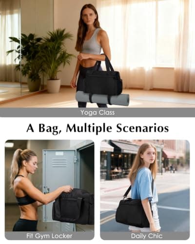 Small Gym Bag Womens with Yoga Mat Holder and Wet Compartment, Black — view 2
